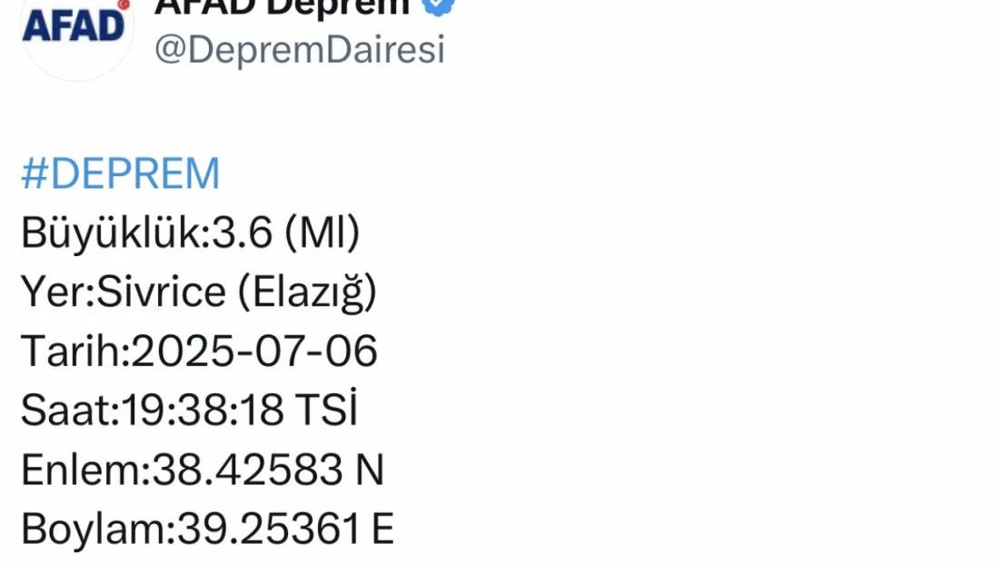 Elazığ'da 3.6 büyüklüğünde deprem