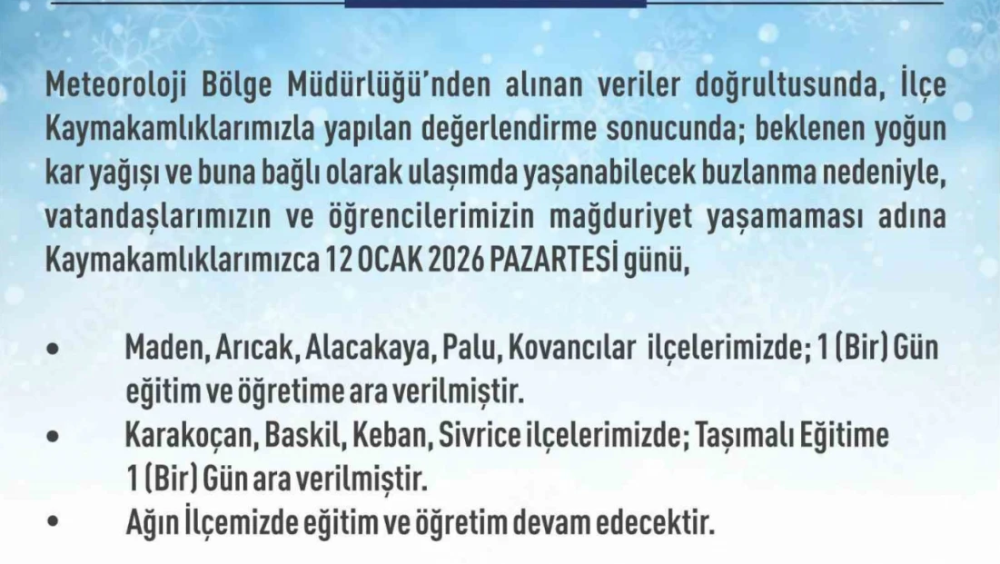 Elazığ'da 5 ilçede eğitim-öğretime ara verildi