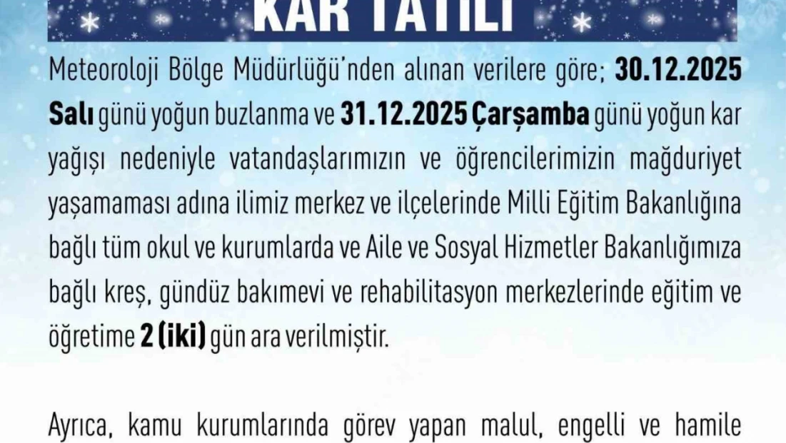 Elazığ'da eğitime 2 gün ara verildi
