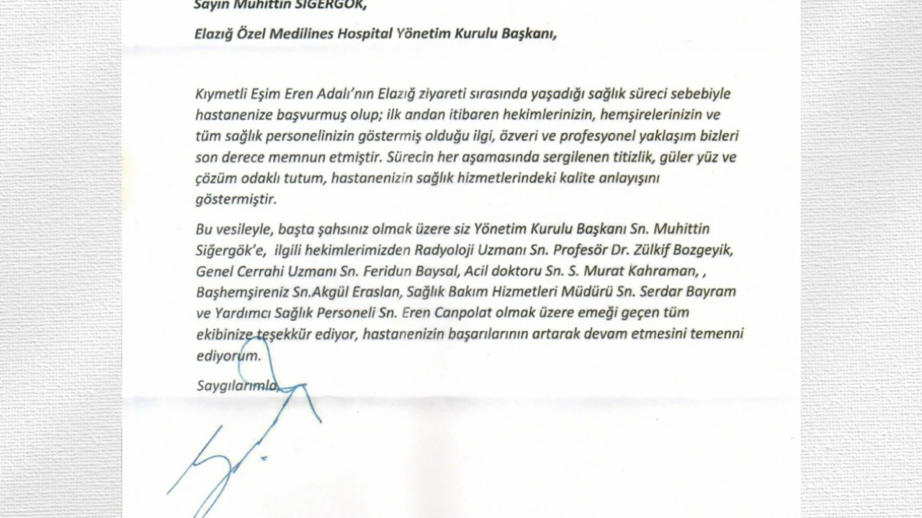 Serdal Adalı'dan Medilines Hospital'a Teşekkür