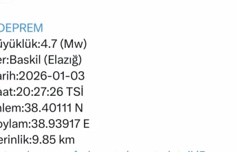 Elazığ'da 4.7 büyüklüğünde deprem