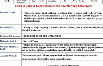 Elazığ için kuvvetli yağış uyarısı