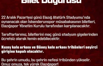Elazığspor yönetimi, İskenderunspor maçının biletlerini ücretsiz dağıtacak