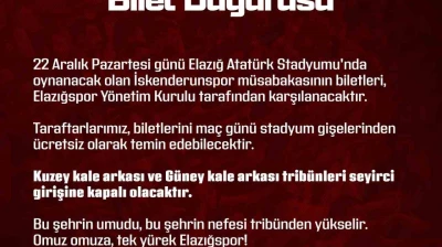 Elazığspor yönetimi, İskenderunspor maçının biletlerini ücretsiz dağıtacak