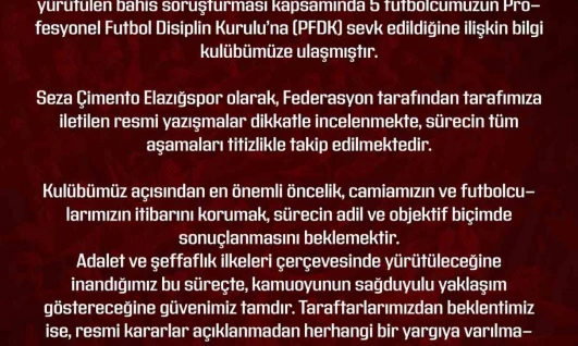 Elazığspor: 'Gelişmeler kulübümüz tarafından izlenmekte'