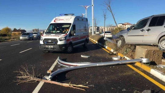 Ağaca ve aydınlatma direğine çarpan hafif ticari araç asılı kaldı: 1 yaralı