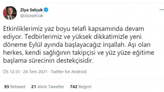 Yüz Yüze Eğitim Eylül Ayında
