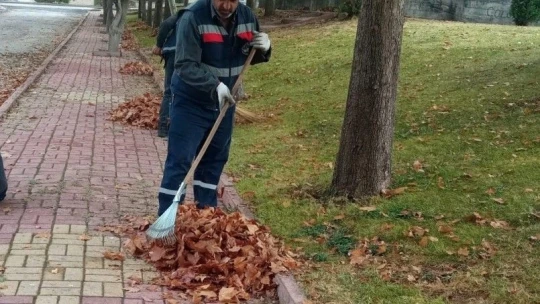 Belediye ekiplerinden yaprak üfleme makinesi ile sonbahar temizliği
