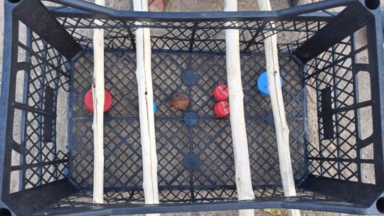 Cevizi top yapıp plastik meyve kasasında langırt oynadılar