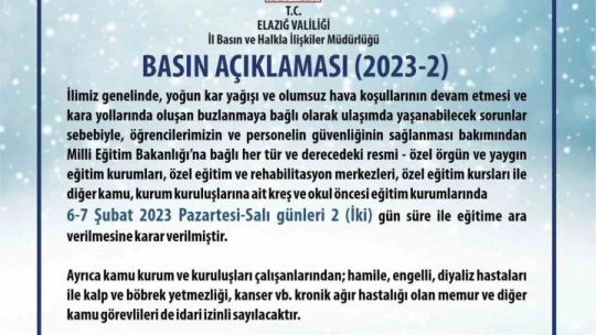 Elazığ'da eğitime 2 gün ara verildi