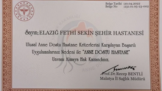 Elazığ Fethi Sekin Şehir Hastanesine 'Anne dostu hastane unvanı' verildi