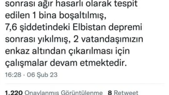 Elazığ Valisi Toraman, '2 vatandaşımızın enkaz altından çıkarılması için çalışmalar devam etmektedir'