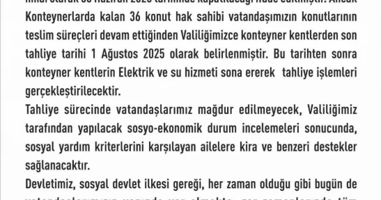 Elazığ'da konteyner kentlerde son tahliye tarihi 1 Ağustos