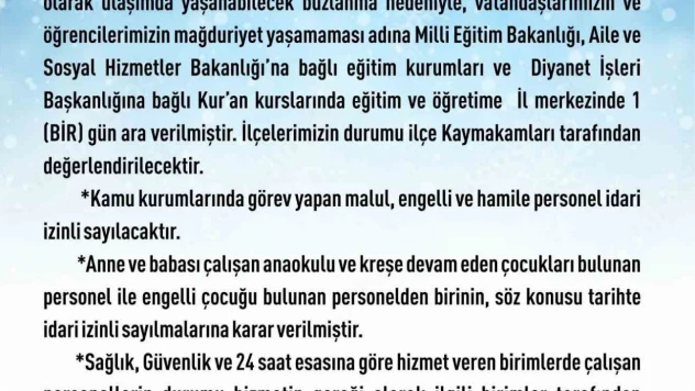 Elazığ'da eğitim-öğretime 1 gün ara verildi