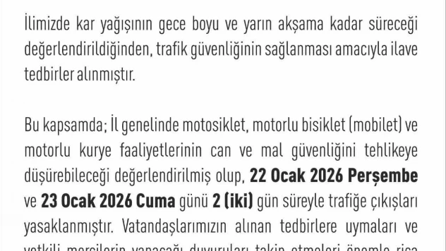 Elazığ'da motosiklet, mobilet ve motorlu kuryelerin trafiğe çıkışları yasaklandı