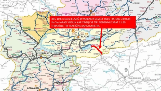 Elazığ-Diyarbakır karayolu ağır taşıt trafiğine kapatıldı