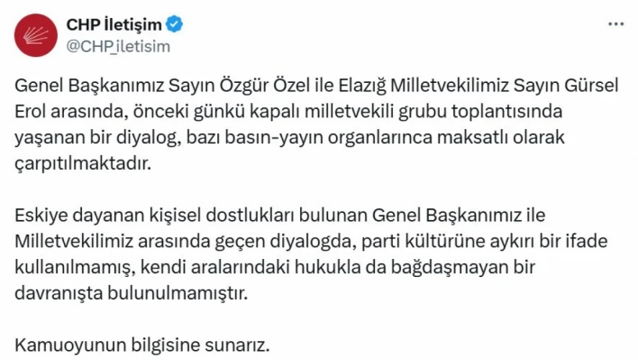 CHP'den, Genel Başkan Özel ve Elazığ Milletvekili Erol açıklaması