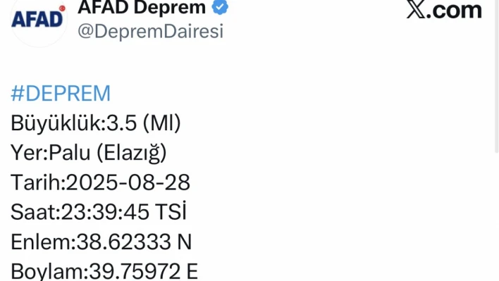 Elazığ'da 3.5 büyüklüğünde deprem