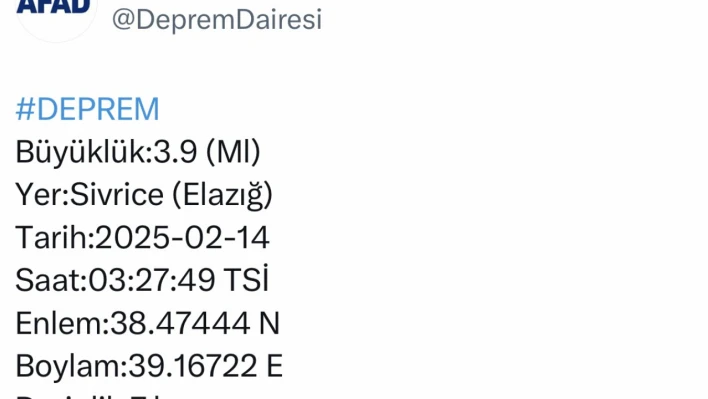 Elazığ'da 3.9 büyüklüğünde deprem