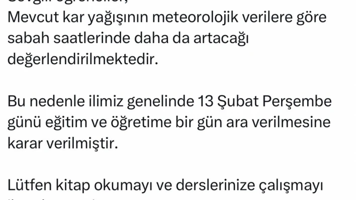 Elazığ'da eğitime 1 gün ara verildi