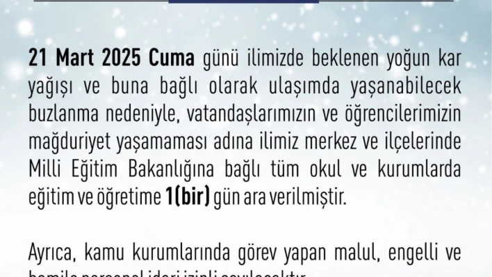 Elazığ'da eğitime 1 gün ara