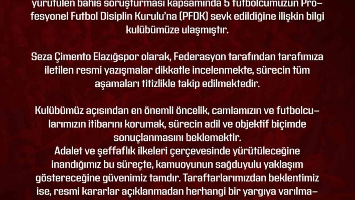 Elazığspor: 'Gelişmeler kulübümüz tarafından izlenmekte'