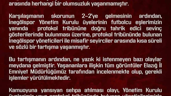 Elazığspor'dan olaylara ilişkin açıklama