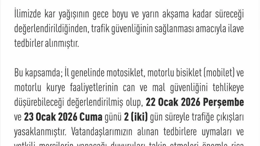 Elazığ'da motosiklet, mobilet ve motorlu kuryelerin trafiğe çıkışları yasaklandı