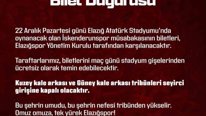 Elazığspor yönetimi, İskenderunspor maçının biletlerini ücretsiz dağıtacak
