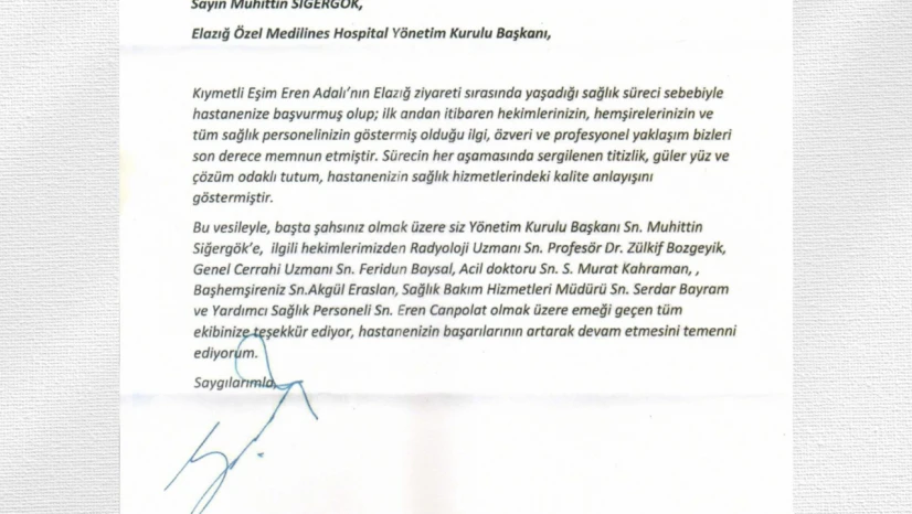 Serdal Adalı'dan Medilines Hospital'a Teşekkür