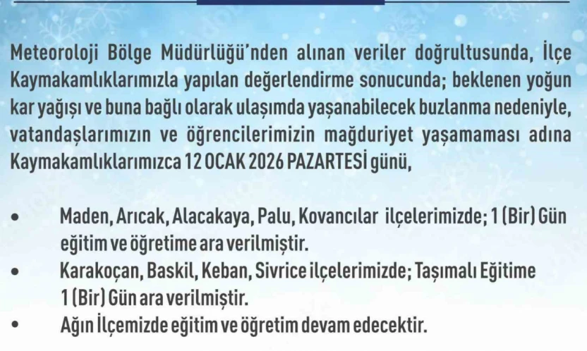 Elazığ'da 5 ilçede eğitim-öğretime ara verildi