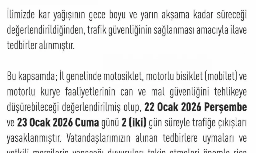 Elazığ'da motosiklet, mobilet ve motorlu kuryelerin trafiğe çıkışları yasaklandı