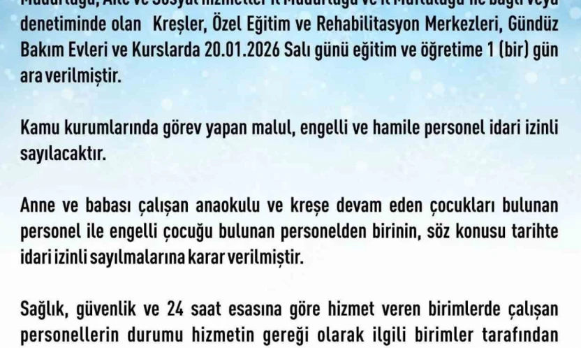 Elazığ'da rehabilitasyon ve bakımevi kurslarına 1 gün daha kar tatili