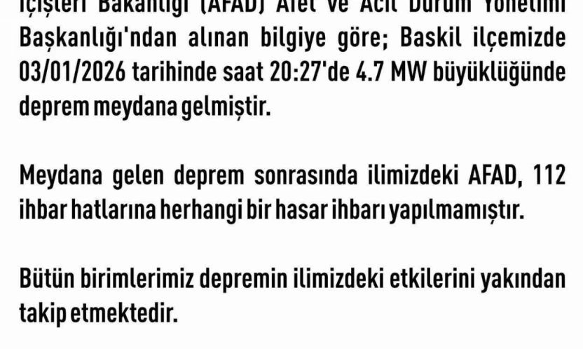 Elazığ Valiliği: 'Herhangi bir hasar ihbarı yapılmamıştır'