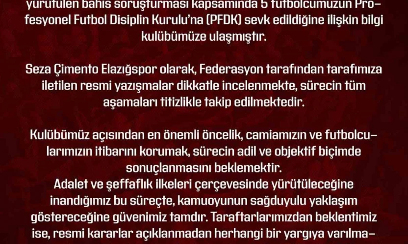 Elazığspor: 'Gelişmeler kulübümüz tarafından izlenmekte'