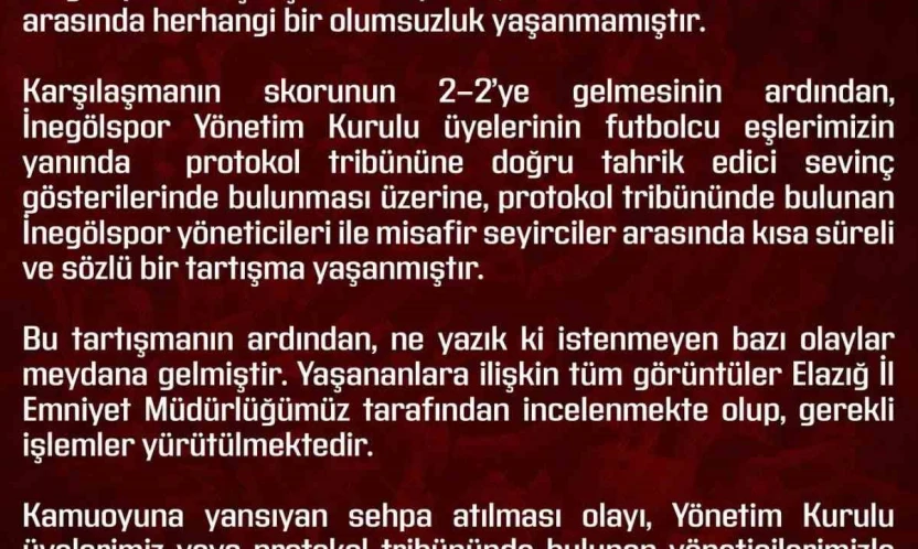 Elazığspor'dan olaylara ilişkin açıklama