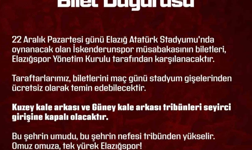 Elazığspor yönetimi, İskenderunspor maçının biletlerini ücretsiz dağıtacak