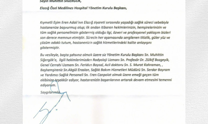 Serdal Adalı'dan Medilines Hospital'a Teşekkür